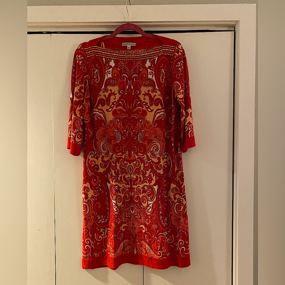 Sandra Darren tunic dress with orange paisley-style swirl pattern, size 10. - Picture 2 of 3